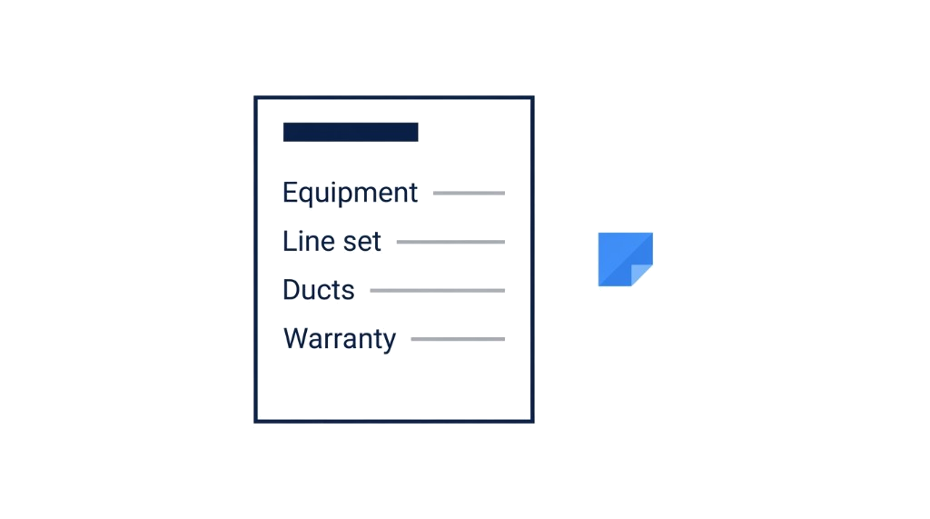 An HVAC estimate sheet with line items for equipment, line set, ducts, and warranty.